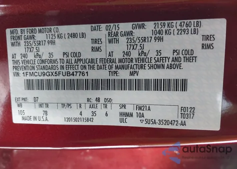 2015 Ford Escape Se z USA, uszkodzony, nr VIN 1FMCU9GX5FUB47761